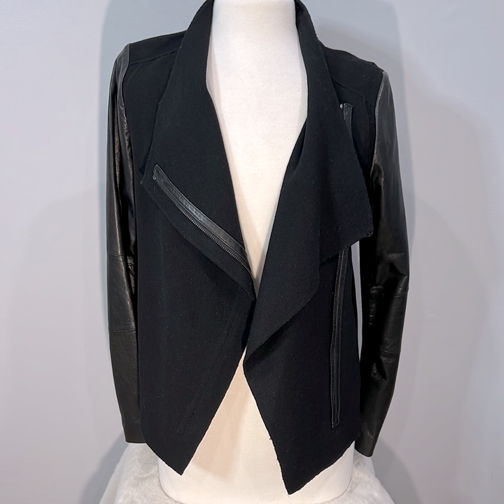Vince Leather & Wool Mixed Media Black Motto Zip Jacket Knit Sweater Womens M 6 - Picture 9 of 16